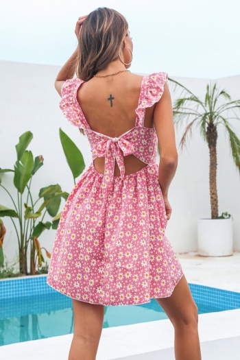 summer new stylish 3 colors flower batch printing inelastic ruffle backless lace-up hollow sexy mini dress