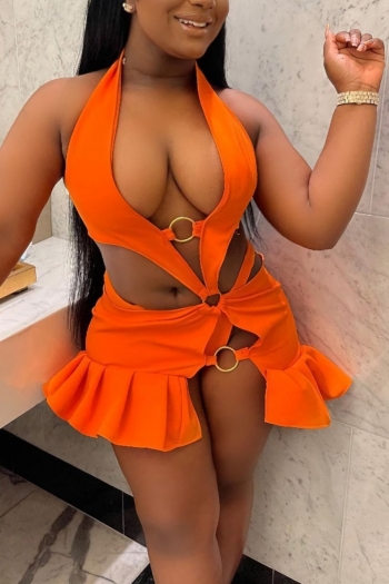 summer new solid color stretch halter-neck hollow ruffle metal-ring connected sexy mini dress with panties