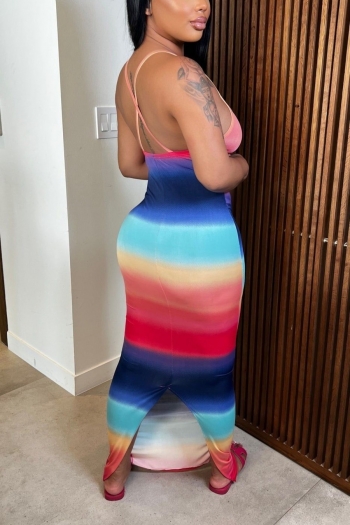s-2xl summer new plus size 4 colors gradient color printing stretch backless sling slit sexy maxi dress