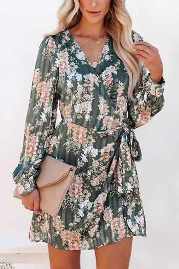 s-2xl plus size spring new stylish inelastic flower batch printing v-neck long sleeves casual mini dress with belt