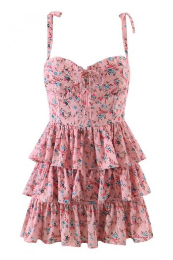summer new stylish stretch floral batch printing sling lace-up ruffle backless casual mini dress