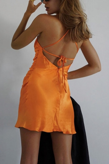 summer new three color solid color micro-elastic backless zip-up self-tie sling ruched sexy mini dress