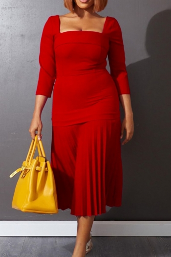 s-3xl spring plus size 4 colors solid color micro-elastic square-neck backless three quarter sleeves zip-up pleated stylish midi dress