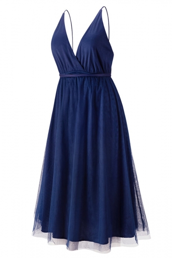 New stylish solid color sexy deep-v halter-neck lace-up backless mesh non-elastic plus size figure flattering dress