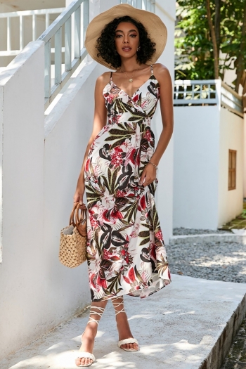 s-2xl plus size summer new stylish inelastic flower & leaf batch printing sling backless casual midi dress