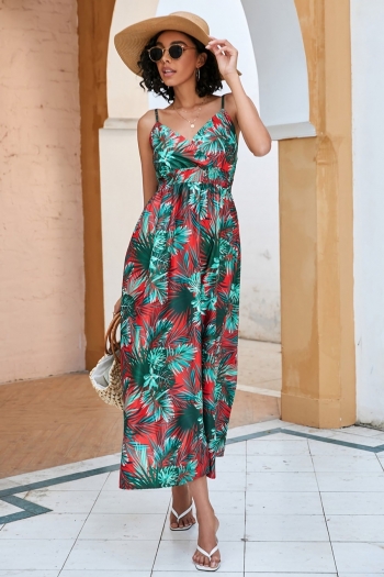 s-2xl plus size summer new stylish leaf batch printing inelastic sling backless casual midi dress