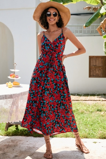 s-2xl plus size summer new style inelastic flower & leaf batch printing sling backless casual midi dress