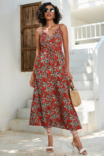 s-2xl plus size summer new stylish inelastic flower & leaf batch printing sling casual midi dress