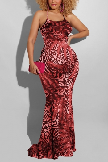 s-5xl summer new stylish plumage leopard printing backless lace-up stretch slim sexy maxi dress