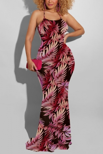 s-5xl summer new stylish leaves printing backless lace-up stretch slim sexy maxi dress
