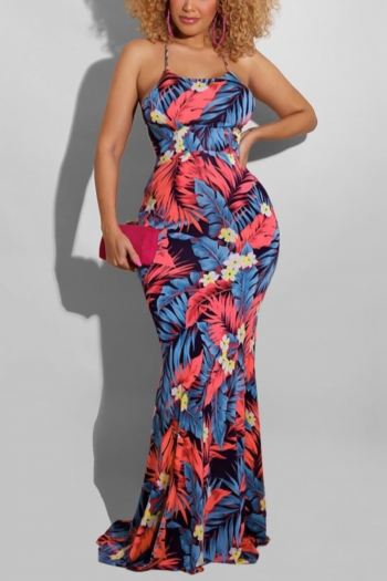 s-5xl summer new stylish five colors leaf flower printing backless lace-up stretch slim sexy maxi dress