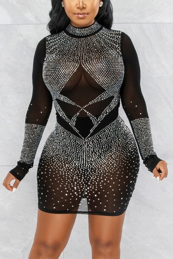 s-2xl spring & summer new plus size 3 colors see through mesh rhinestone decor stretch zip-up back sexy bodycon mini dress (without lining)