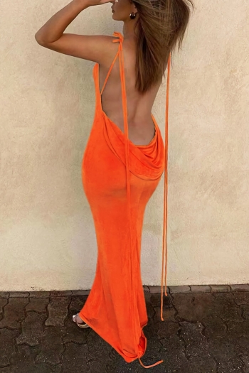 summer new stylish solid color lace-up backless sling stretch sexy maxi dress