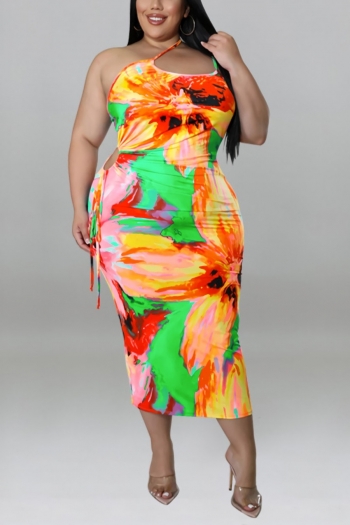 xl-5xl summer new plus size three colors tie-dye stretch sling hollow lace-up sexy midi dress