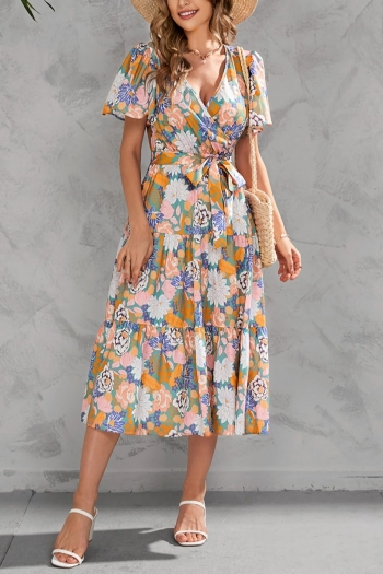 s-2xl plus size summer new flower batch printing inelastic v-neck short sleeves with belt casual midi dress