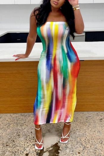 summer new multicolor tie-dye stretch tube design split sexy maxi dress