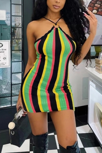 s-2xl summer new plus size two colors stripe knitted stretch backless ring linked sling sexy mini dress