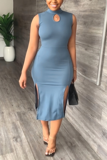 summer new stylish 3 colors solid color stretch hollow sleeveless zip-up split casual midi dress