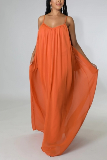 summer new solid color adjustable straps chiffon backless sling loose casual maxi dress