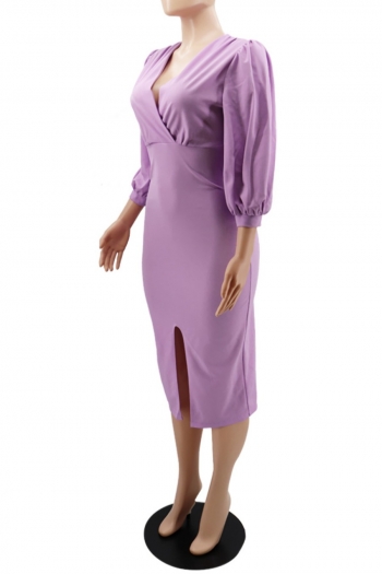 Summer new 3 colors solid v-neck three-quarter sleeves slit stretch inelastic casual midi dress