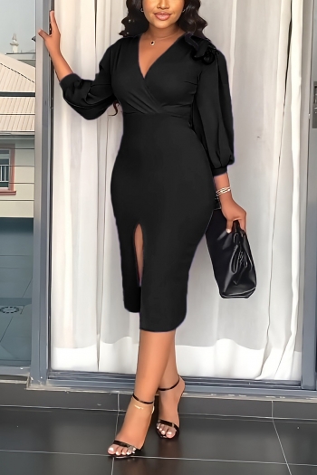 Summer new 3 colors solid v-neck three-quarter sleeves slit stretch inelastic casual midi dress