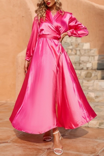 s-2xl spring plus size 4 colors solid color inelastic v-neck high slit elegant stylish maxi dress with belt