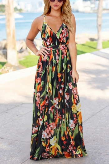 s-2xl summer new plus size plant batch printing stretch backless crossed adjustable straps stylish tropical vacation style maxi dress