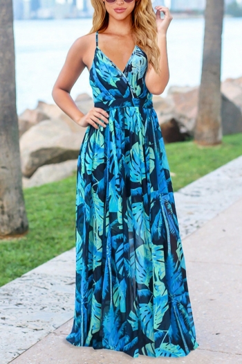 s-2xl summer new two colors plus size leaf & coconut tree batch printing stretch backless adjustable straps stylish tropical vacation style maxi dress
