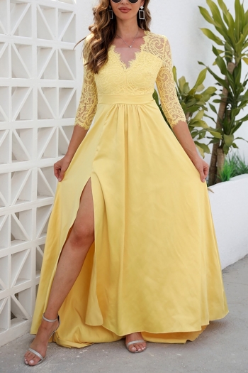 s-3xl summer new plus size three colors see through lace patchwork inelastic three-quarter sleeves high slit zip-up floor length elegant high quality maxi dress