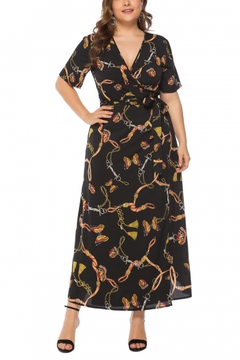 xl-4xl summer new plus size butterfly & chain batch printing inelastic v-neck tie-waist casual bohemia style maxi dress