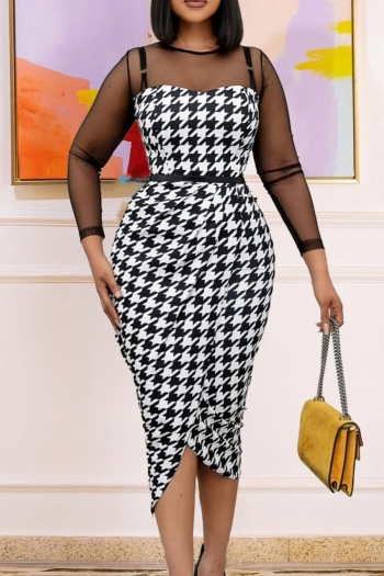 s-3xl spring plus size three colors houndstooth printing see through mesh spliced stretch zip-up back notched hem stylish midi dress with belt