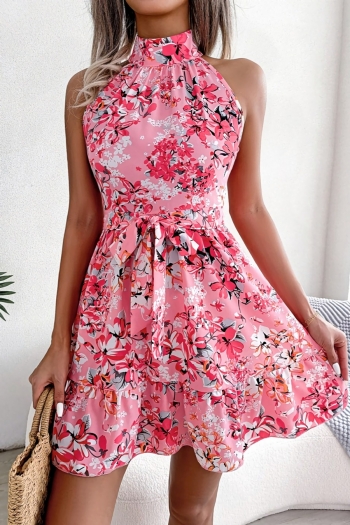 summer new stylish 3 colors inelastic floral batch printing sleeveless hollow button with belt casual mini dress
