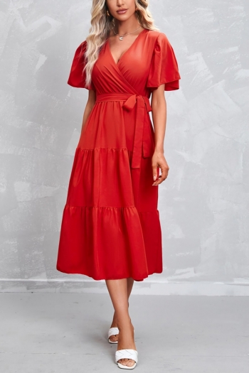 s-2xl plus size summer new stylish 10 colors solid color inelastic v-neck with belt casual midi dress