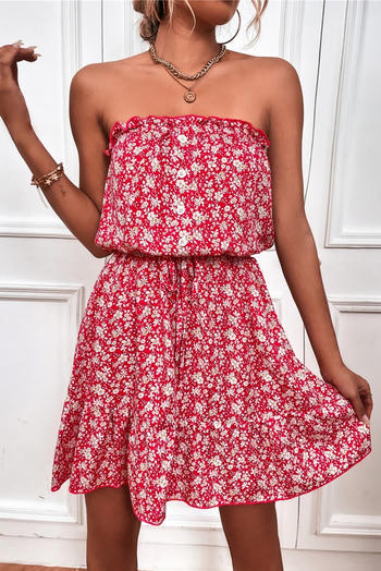 summer new 4 colors allover floral printing micro-elastic tube design tie-waist stylish vacation style mini dress