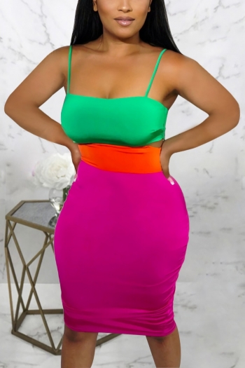 s-2xl plus size summer new stylish stretch contrast color patchwork hollow sling backless slim sexy midi dress