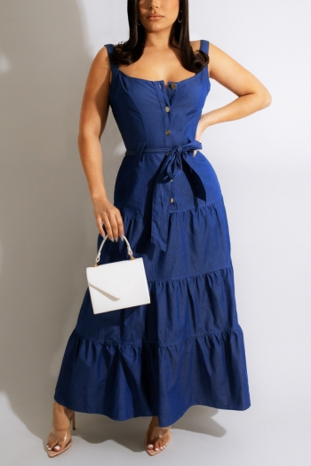 s-2xl summer new plus size solid color inelastic sling single-breasted casual stylish denim maxi dress with belt