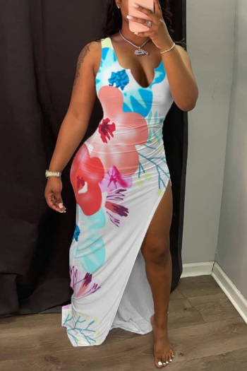 s-2xl summer new plus size flower fixed printing stretch low-cut notched-neck high slit sexy maxi tank dress