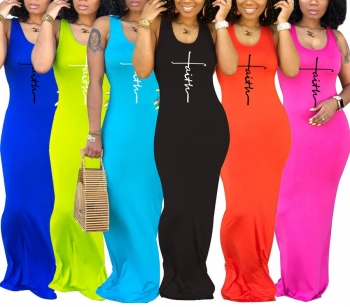 S-2XL plus size summer new stylish 6 colors stretch letter printing sleeveless casual maxi dress