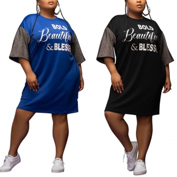 L-4XL summer new plus size two colors letter fixed printing patchwork stretch loose casual simple mini dress