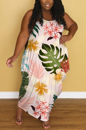 l-4xl summer new plus size 5 colors flower & leaf batch printing stretch sling stylish casual vacation style maxi dress