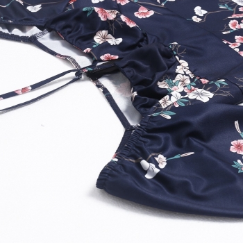 Spring & summer new floral batch printing stretch halter-neck hollow shirring self-tie zip-up slit stylish midi dress