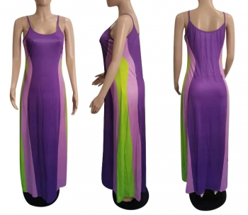 L-4XL summer new plus size two colors contrast color patchwork stretch sling loose stylish maxi dress (without belt)