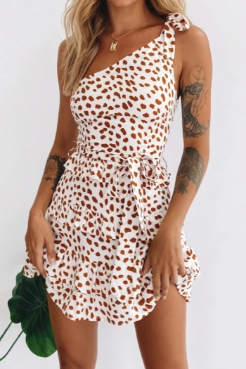 Summer new leopard printing stretch one shoulder ruffle lace up stylish a-line dress