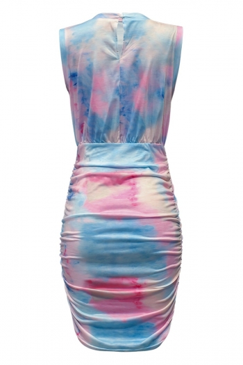 S-2XL plus size summer new stylish stretch tie-dyed printing button hollow sleeveless shirring slim sexy mini dress