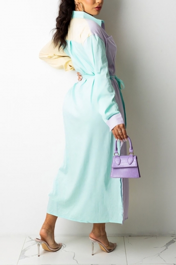 Spring three colors contrast color patchwork inelastic single-breasted pockets casual midi shirtdress with belt