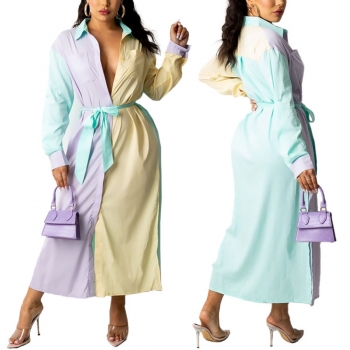 Spring three colors contrast color patchwork inelastic single-breasted pockets casual midi shirtdress with belt