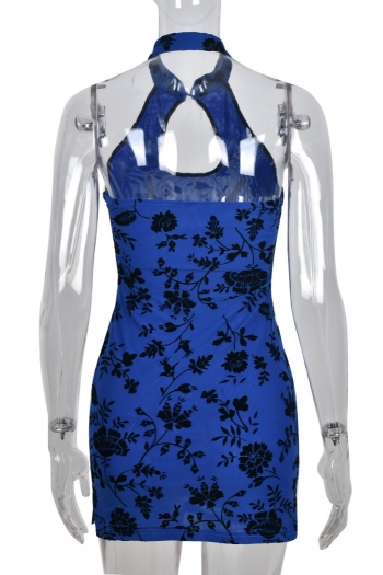 Summer new stylish floral batch printing stretch sleeveless hollow button halter-neck backless bodycon sexy mini dress