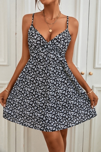 Summer new three colors floral printing micro-elastic backless low-cut sling lace-up sexy vacation style mini dress