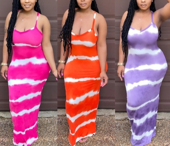 S-2XL summer new plus size 6 colors tie-dye printing stretch backless sling sexy maxi dress