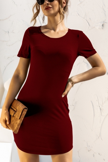 Summer new  5 colors solid color stretch short sleeve crew neck slim stylish mini dress